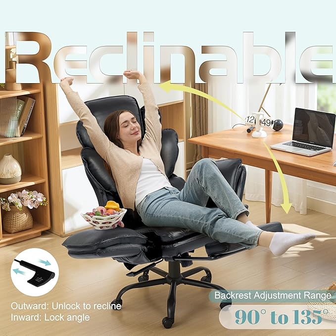 Big and Tall Office Chair, Flip Armrests Criss Cross Office Chair, Reclining Desk Chair with Foot Rest, Adjustable Headrest, Massage Waist Pillow Cross Legged Wide Seat Vanity Chair, PU Leather Black