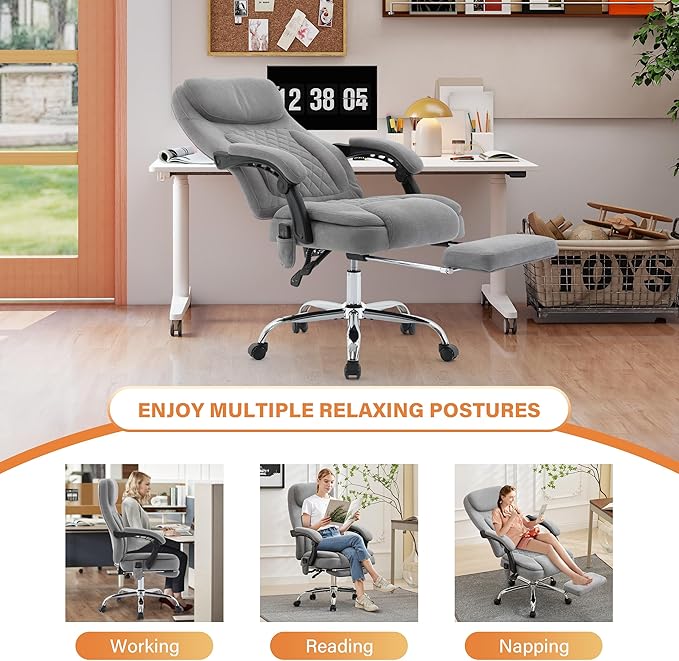 500LBS Massage Office Chair, 6 Points Vibration & Heat Executive Office Chairs, 135°Reclining Comfy Desk Chair with Foot Rest, Wider & Thicker Seat Cushion, Fabric Big and Tall Gaming Chair, Grey