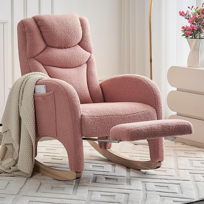 Rocking Chair with Foot Rest, Nursery Glider Teddy Gliding Rocking Chair with Retractable Footrest Rubber Wood Legs Side Pocket High Back & Wide Seat Nursing Chair for Living Room (Pink)