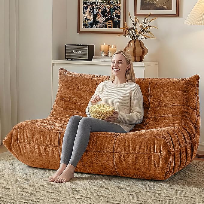 HABUTWAY Bean Bag Chair, Giant Bean Bag Chairs for Adults, Loveseat Fireside Chair, 2 Seater Lazy Bean Bag Sofa Memory Foam Couch for Living Room, Bedroom, Office (Brown)