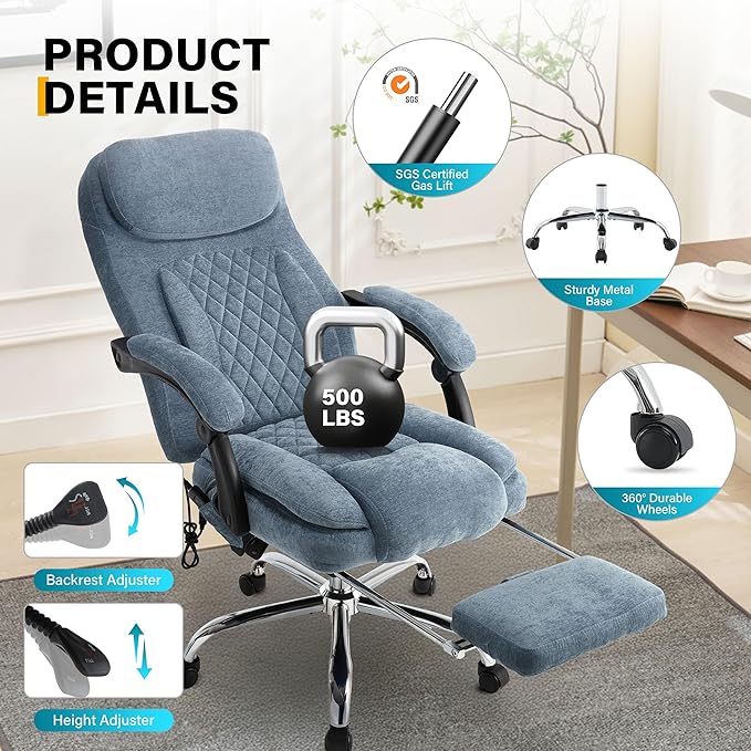 6-Point Massage Office Chair with Heated, Ergonomic Office Chair with Footrest & 45°Reclining High Back, Big and Tall Executive Office Chair 500LBS, Thick Cushion Desk Chair for Home Office, Blue