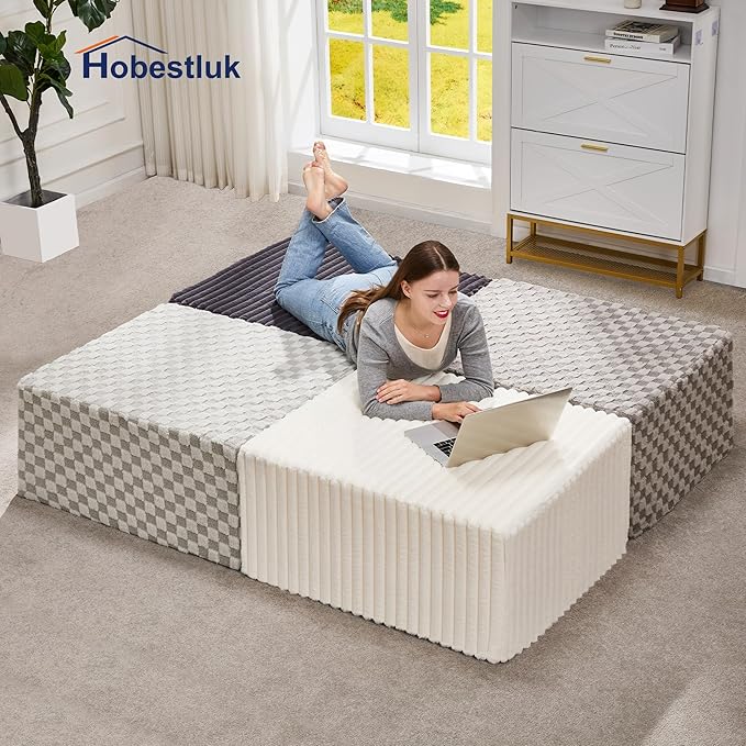 Hobestluk Rectangle Ottoman Memory Foam Footrest for Couch with Removable Cover Large Floor Seating for Adults Ottoman Coffee Table for Living Room, Bedroom or Office (Strip White, Footrest)