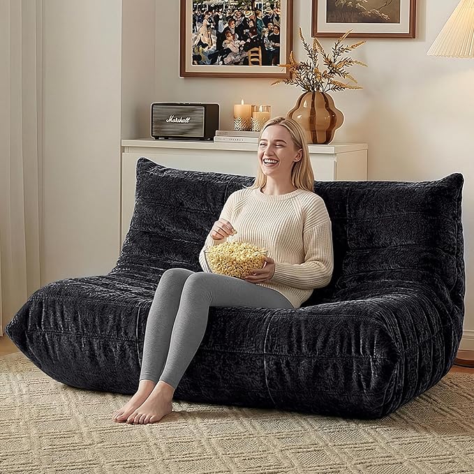 HABUTWAY Bean Bag Chair, Giant Bean Bag Chairs for Adults, Loveseat Fireside Chair, 2 Seater Lazy Bean Bag Sofa Memory Foam Couch for Living Room, Bedroom, Office (Black)