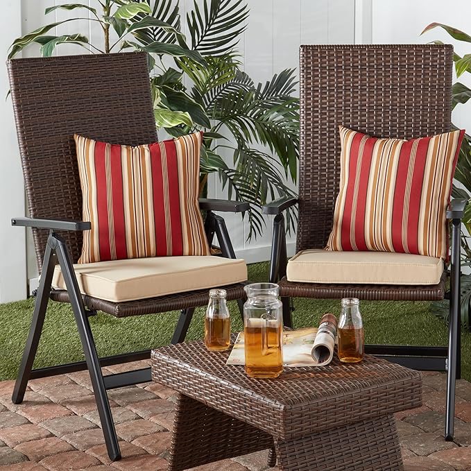 Outdoor 18 inch Square Patio Dining Chair Pads – Comfortable Fiber-Filled Seat Cushions with Ties, Reversible Polyester Fabric - Stone, Set of 4