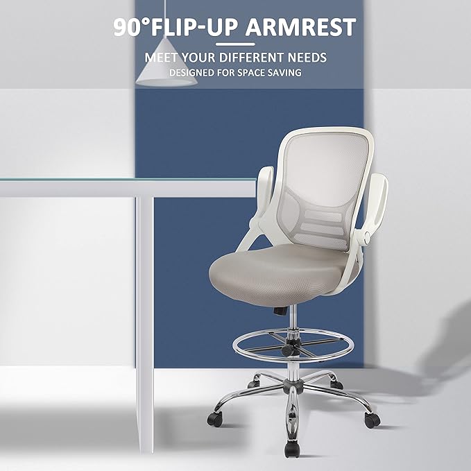 HYLONE Drafting Chair, Tall Office Chair Standing Desk Stool with Adjustable Foot Ring, Flip-Up Arms, Mesh High-Back Drafting Table Chair, White & Grey