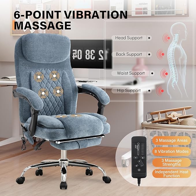 500LBS Massage Office Chair, 6 Points Vibration & Heat Executive Office Chairs, 135°Reclining Comfy Desk Chair with Foot Rest, Wider & Thicker Seat Cushion, Fabric Big and Tall Gaming Chair, Blue