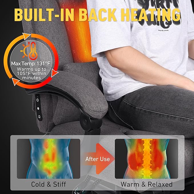 3D Kneading Massage Office Chair with Heat, 500 lbs Big and Tall Executive Computer Desk Recliner, Electric Heated Gaming Chairs with Massage & Footrest, Grey,