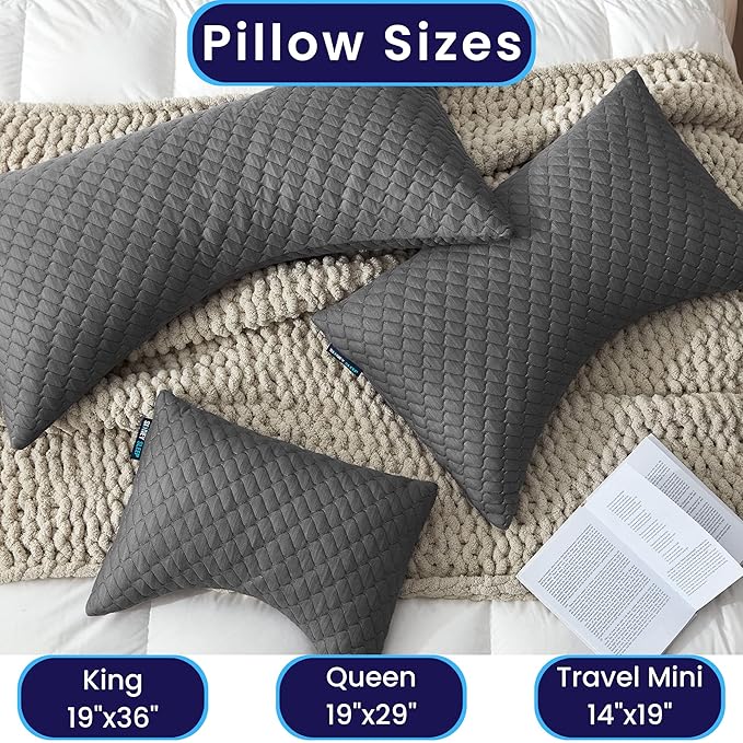 Sidney Sleep Adjustable Curved Pillows for Neck and Shoulder Support with Extra Shredded Fill - Cervical Contour Pillow for Side and Back Sleeper - King Size - 19" x 36" CertiPUR-US Certified (Grey)