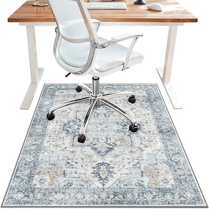 30"x48" Office Chair Mat for Hardwood Tile Floor, Under Desk Carpet Protector for Rolling Computer Chair Mat, Machine Washable Area Rug, Anti-Slip 1/5" Thick Low Pile Thin Vinyl Floor Mat, Blue