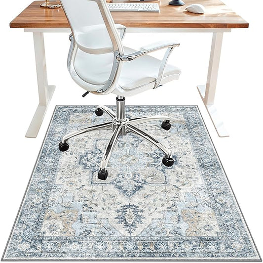 36"x60" Office Chair Mat for Hardwood Tile Floor, Under Desk Carpet Protector for Rolling Computer Chair Mat, Machine Washable Area Rug, Anti-Slip 1/5" Thick Low Pile Thin Vinyl Floor Mat, Blue