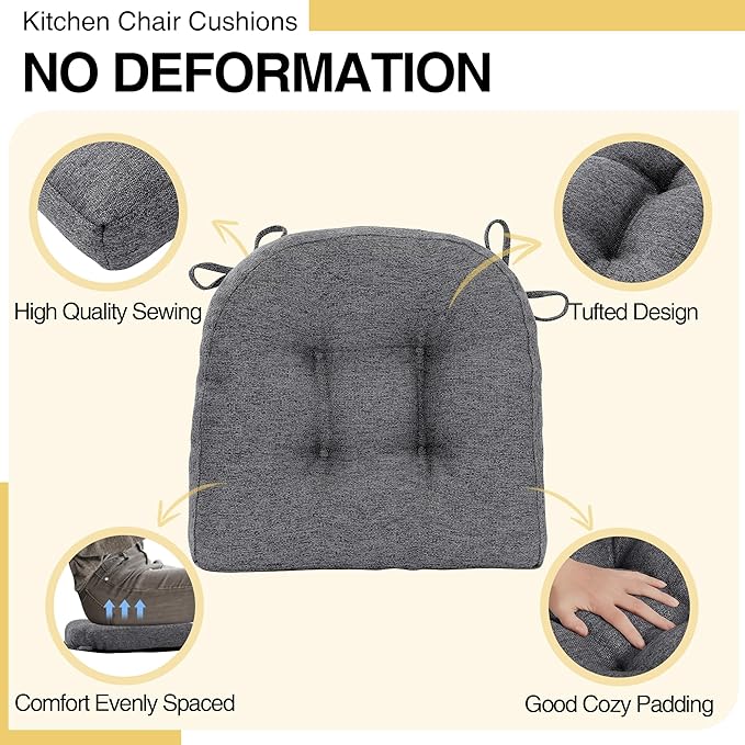 Tromlycs Chair Cushions for Dining Chairs Kitchen Seat Cushions Room 4 Pack Pads with Ties Indoor Non Slip Office 18x18 Inch, Dark Grey
