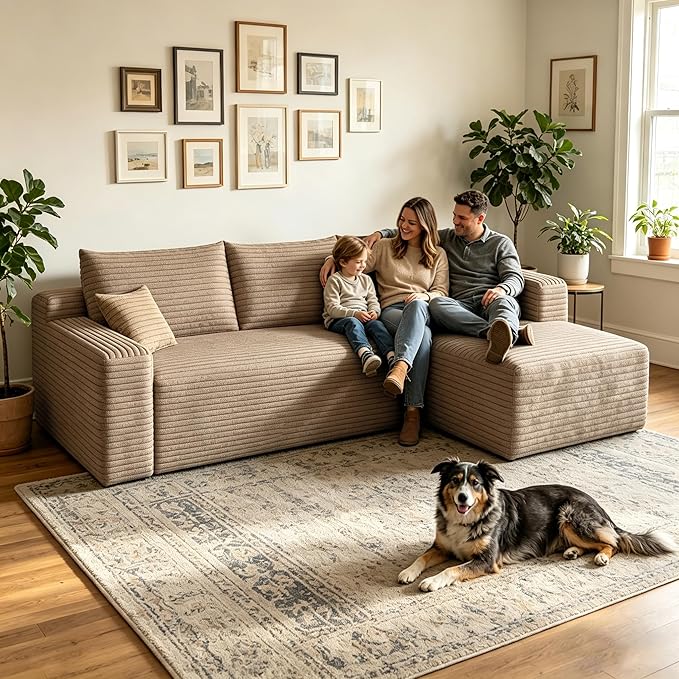 94" Camel Boneless Couch with Right Facing Chaise for Living Room, Corduroy L-Shaped Sectional Couches,Compressed Memory Foam Cloud Sofa,No Assembly Required,Camel