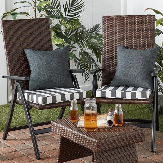 Outdoor 18 inch Square Patio Dining Chair Pads – Comfortable Fiber-Filled Seat Cushions with Ties, Reversible Polyester Fabric - Canopy Stripe Gray, Set of 4
