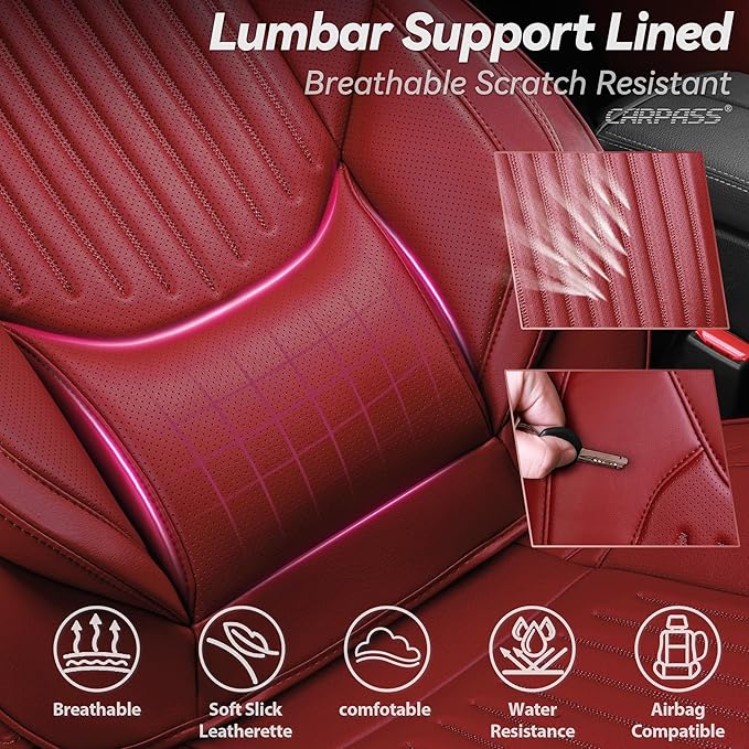 CAR PASS Luxury Nappa Leather Car Seat Covers Full Set, Lumbar Support Seat Covers for Car 5 Seats, Waterproof Car Seat Protector, Automotive Seat Covers Universal Fit for Sedans SUV Trucks Burgundy