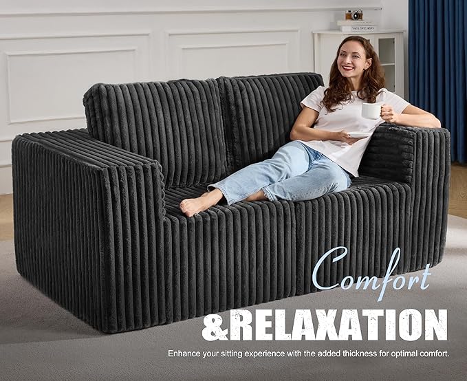 Modular Sectional Sofa 2 Seater Loveseat Modular Couch with Deep Seat Memory Foam Cloud Chair with Pillows Oversized Sectional Sofa for Living Room Bedroom (Strip Grey, Loveseat)