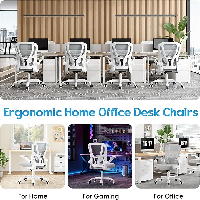 Office Chair Ergonomic Desk Chair - Mesh Computer Chair Breathable Task Chair with Wheels Adjustable Lumbar Support Home Desk Office Chairs Flip up Armrest White 2 Pack