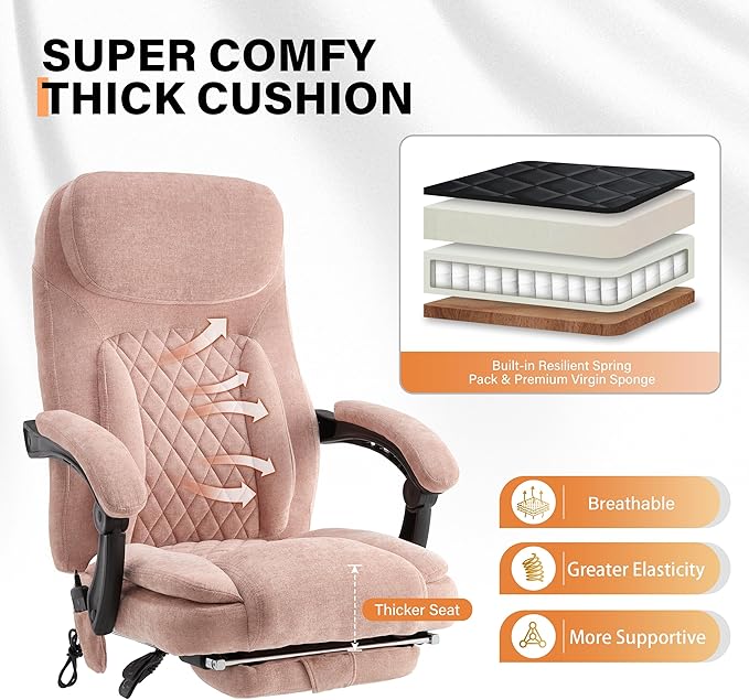 500LBS Massage Office Chair, 6 Points Vibration & Heat Executive Office Chairs, 135°Reclining Comfy Desk Chair with Foot Rest, Wider & Thicker Seat Cushion, Fabric Big and Tall Gaming Chair, Pink