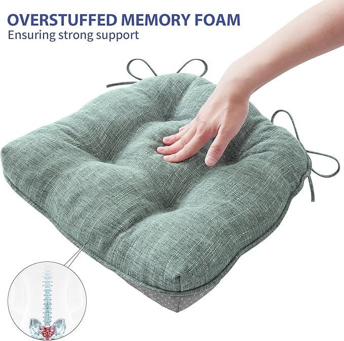 IPYNBAP Chair Cushions for Dining Chairs Set of 4, Kitchen Chair Cushions, Chair Pads with Ties Non Slip Backing, Christmas Room Decor, Tufted Memory Foam Seat Cushion 4 Pack, 15.5x15.5x4, Sage Green