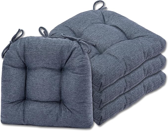 SQUARE MOON D-Shaped 3" Thick Chair Cushions, Chair Pads for Dining Chairs and Kitchen Chairs, Indoor Dining Room Seat Cushions with Ties, Machine Washable, 17" x 16" x 3", 4/Pack, Grayish Blue