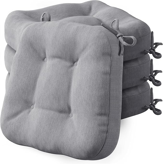 Codi Dining Chair Cushions 4 Pack, Thick Chairs Pads for Indoor Kitchen Room - Washable, Non-Slip Memory Foam Seat Cushion with Ties, 16.5"x16.5"x 3.5", Set of 4, Grey New