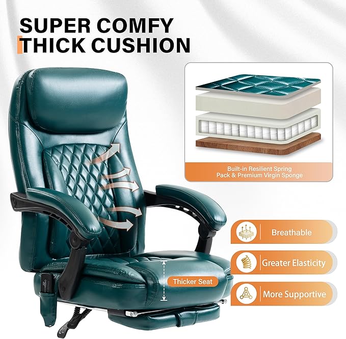 500LBS Massage Office Chair, 6 Points Vibration & Heat Executive Office Chairs, 135°Reclining Comfy Desk Chair with Foot Rest, Wider & Thicker Seat Cushion, PU Leather Big and Tall Gaming Chair, Green