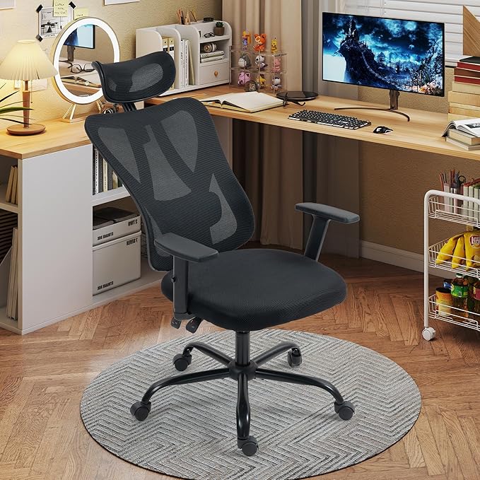 ECOTOUGE Ergonomic High Back Office Chair, Floor Chair with Back Support, Big and Tall Office Chair with Adjustable Headrest, Gaming Chair Mesh Home Office/Study Chair, Black