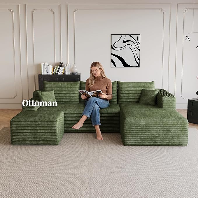 25.6" Corduroy Ottoman for Couch,Plush Memory Foam Couches Ottomans,Upholstered Boneless Couches Footrest for Living Room - Compressed Sofa in a Box No Assembly Require,Green