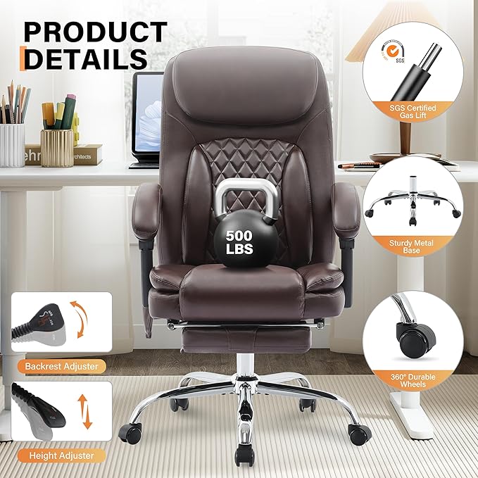500LBS Massage Office Chair, 6 Points Vibration & Heat Executive Office Chairs, 135°Reclining Comfy Desk Chair with Foot Rest, Wider & Thicker Seat Cushion, PU Leather Big and Tall Gaming Chair, Brown