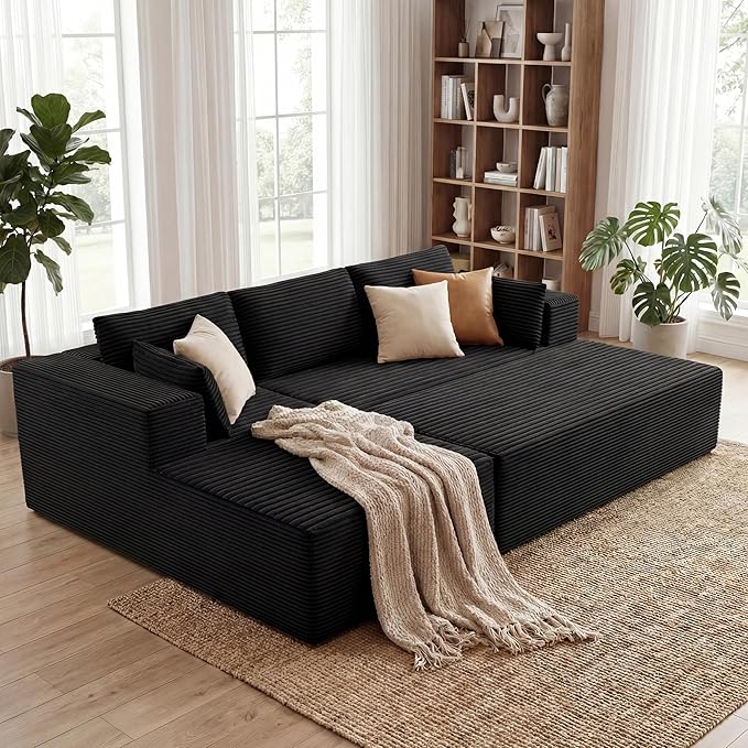 GRUSIGN 106" Oversized Sectional Boneless Sleeper Sofa Bed Couches for Living Room, Modular L Shaped Couch with Left Facing Chaise & Big Ottoman, Compressed Spineless Corduroy Cloud Sofas, Black | Deep Seat, Cat-Claw Resistant, High-Resilience Foam, Fl...
