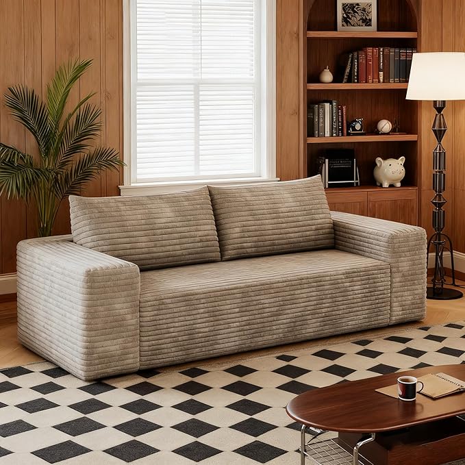 63" Boneless Couches for Living Room,Corduroy Loveseat Sofa for Small Spaces & Bedroom & Apartment,Compressed Sofa No Assembly Required,Camel
