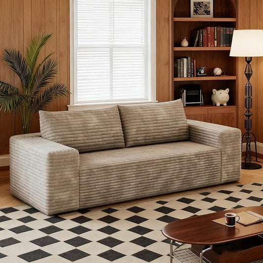 63" Boneless Couches for Living Room,Corduroy Loveseat Sofa for Small Spaces & Bedroom & Apartment,Compressed Sofa No Assembly Required,Camel