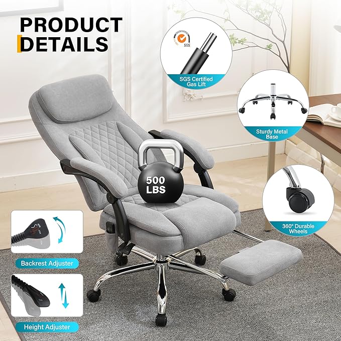 6-Point Massage Ergonomic Office Chair with Heated, Footrest & 45Reclining High Back, Big and Tall Executive Desk Chair 500LBS, Thick Cushion for Home Office, Grey