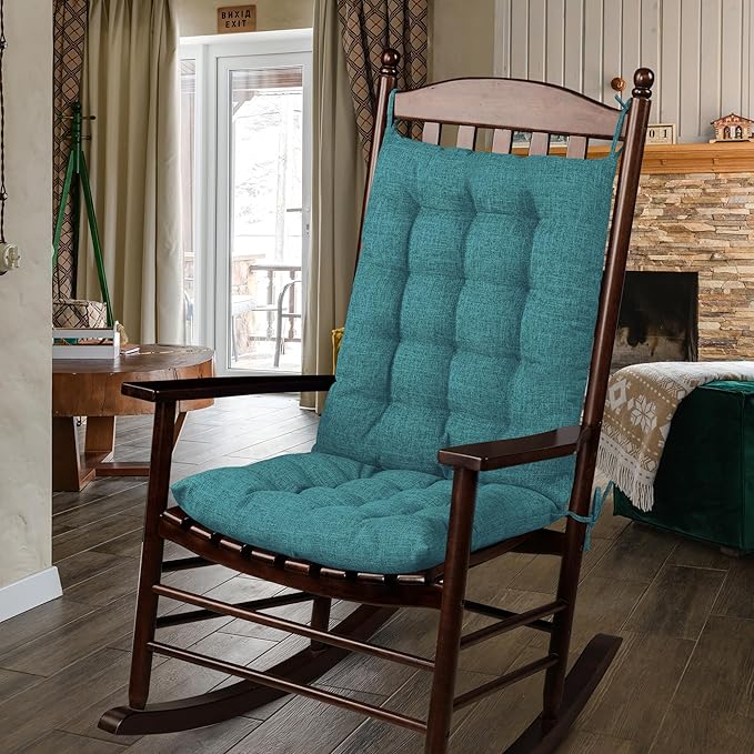 ELFJOY Rocking Chair Cushion Large Rocking Chair Pads with Ties Premium Linen High Back and Seat Cushion 2 Piece Set Linen Retro Blue