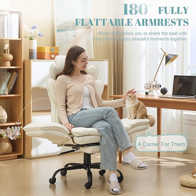 Big and Tall Office Chair, Flip Armrests Criss Cross Office Chair, Reclining Desk Chair with Foot Rest, Adjustable Headrest, Massage Waist Pillow Cross Legged Wide Seat Vanity Chair, PU Leather White