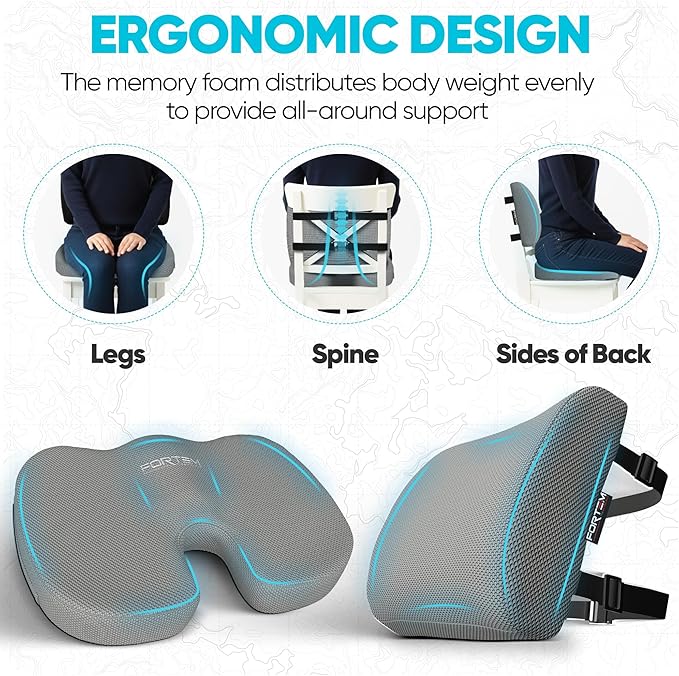 FORTEM Seat Cushion, Office Chair Cushion, Lumbar Support Pillow for Office Chair, Memory Foam Car Seat Cushions, Sciatica Coccyx Tailbone Pain Relief, Cushions for Back Support, Washable, Non Slip