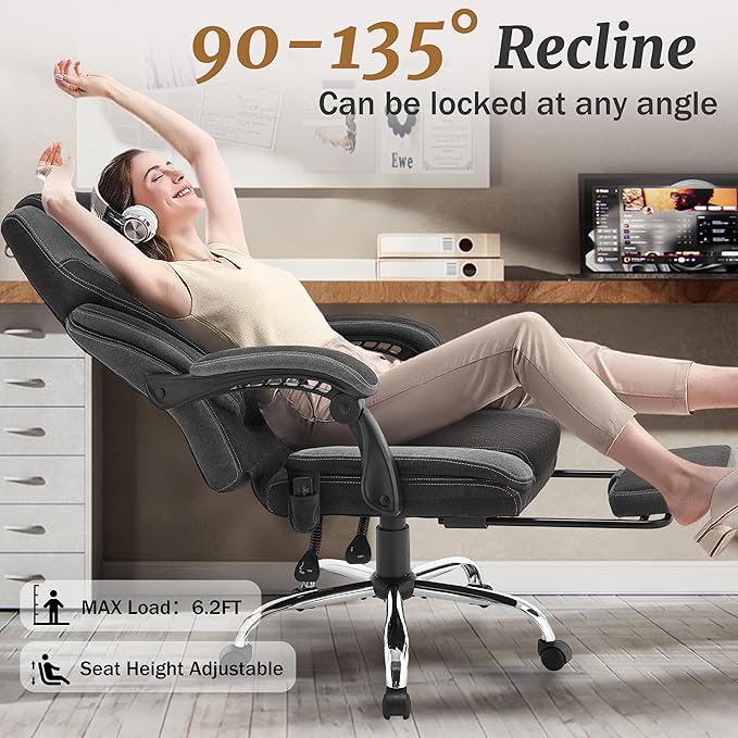 Massage Office Chair with Foot Rest,6-Point Vibration & Heat Reclining Computer Chair,Big and Tall Fabric Office Chair for Heavy People,Ergonomic Executive Desk Chair,Thick Cushion,High Back,BlackGrey