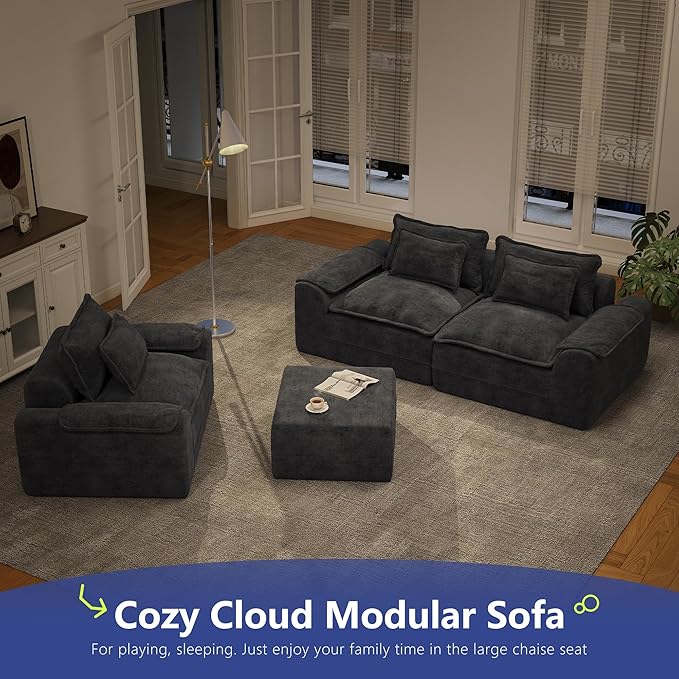 Hobestluk Cloud Single Sofa with Ottoman Memory Foam Couch with Deep Seat L Shaped Sofa with Removable Cover Large Couch for Living Room (Blue Grey, Single Sofa with One Ottoman)