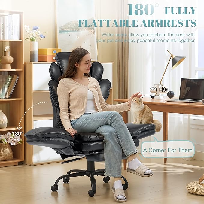 Big and Tall Office Chair, Flip Armrests Criss Cross Office Chair, Reclining Desk Chair with Foot Rest, Adjustable Headrest, Massage Waist Pillow Cross Legged Wide Seat Vanity Chair, PU Leather Black