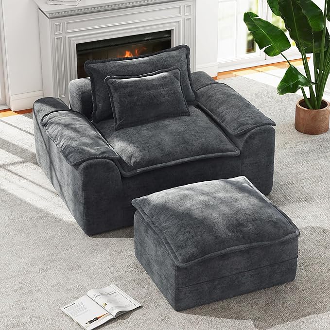 Hobestluk Cloud Single Sofa with Ottoman Memory Foam Couch with Deep Seat L Shaped Sofa with Removable Cover Large Couch for Living Room (Blue Grey, Single Sofa with One Ottoman)