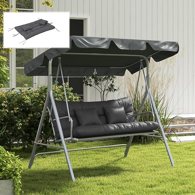 Outsunny 59" Tufted Bench Cushions & Throw Pillows, 4 Piece Swing Cushion Set, Indoor/Outdoor Replacement Bench Seat Pad, Back Cushion & 2 Pillows for Outdoor Furniture, Without Swing, Gray
