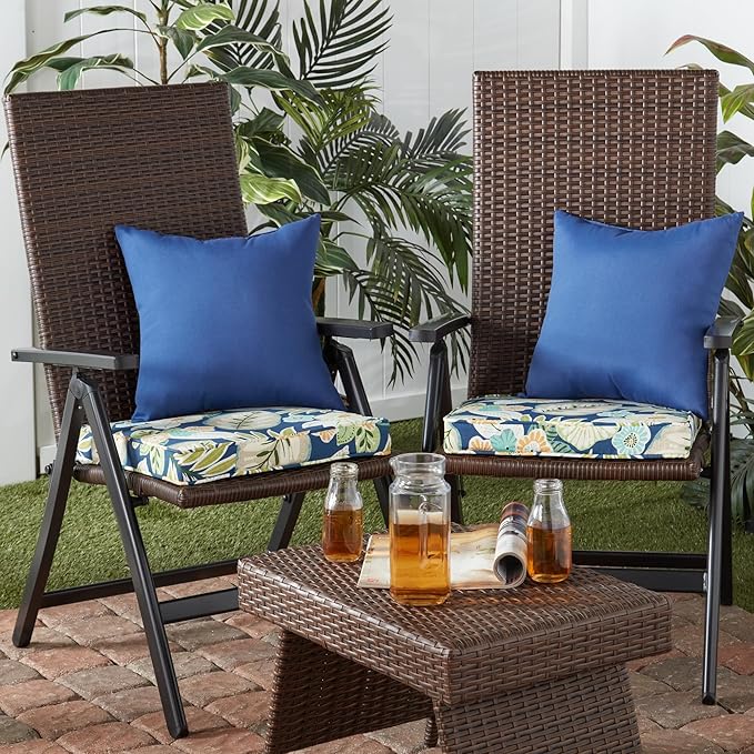 Outdoor 18 inch Square Patio Dining Chair Pads – Comfortable Fiber-Filled Seat Cushions with Ties, Reversible Polyester Fabric - Marlow Blue Floral, Set of 2