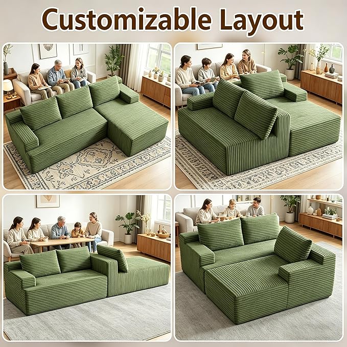 94" Boneless Couches with Right Facing Chaise for Living Room,Corduroy Sectional Couch,L-Shape Cloud Couches Compressed Memory Foam Cloud Sofa,No Assembly Required,Green