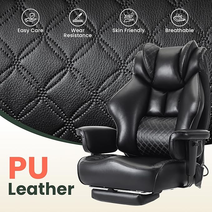 500lbs Big and Tall Office Chair Adjustable Lumbar Support, Extra Wide Seat Ergonomic Gaming Chair with Footrest, Heavy Duty High Back Executive Leather Computer Desk Chair (Black)