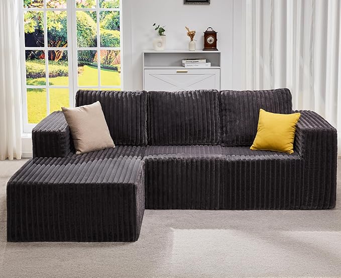 Hobestluk Modular Sectional Sofa Memory Foam Couch Oversized Sectional Sofa 3-Seater with Chaise Cloud Couch with Removable Cover L Shape Sofa for Living Room (Strip Grey, 3-Seater with Chaise)