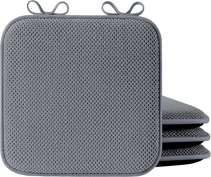 puredown® Chair Cushions for Dining Chairs, Set of 4 Memory Foam Seat Cushions with Non-Slip Backing & Ties, 16" x 16" x 1.5", Comfortable & Supportive Dining Chair Pads for Kitchen, Grey