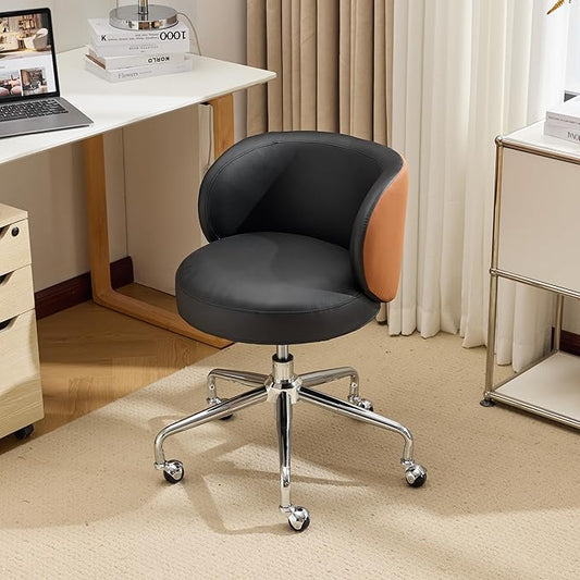 VINGLI Cute Small Swivel Desk Chair Comfy with Wheels,Ergonomic Low-Back Lumbar Support Vanity Nail Tech Rolling Task Stool Chair for Home Office,Height Adjustable,PU Leather Black&Suede Brown