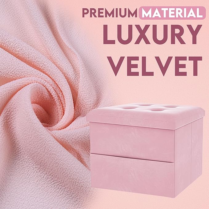 ZOES HOMEWARE Small Storage Ottoman Foot Rest, Velvet Ottoman with Storage and Side Pocket, Pink Foot Rest for Couch, Foldable Footstool Ottoman for Chair,Living Room&Dorm, 16"x12"x12" Pink
