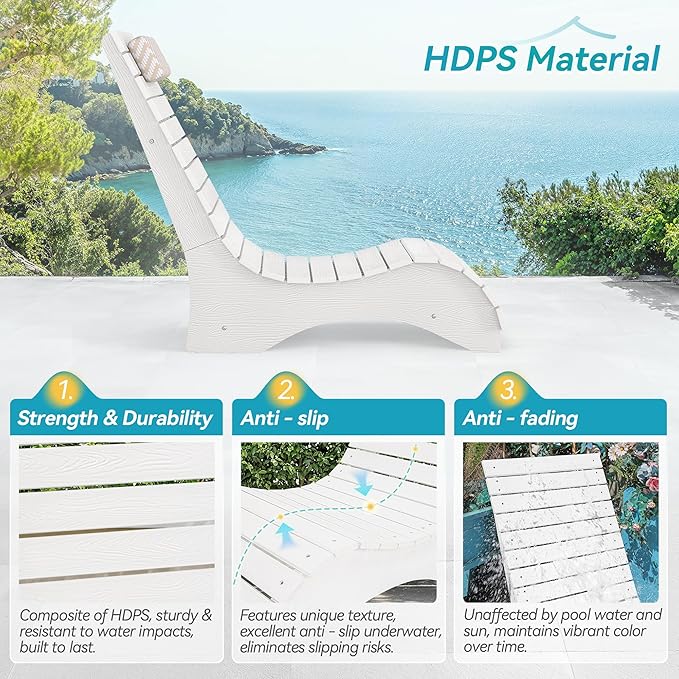 HDPS Pool Lounge Chairs Set of 4, Use in Pools Lounge Chairs up to 10-Inches of Water, Chaise Chairs with Headrest, Lounge Chair Outdoor, Fade-Resistant Pool Lounger for Deck