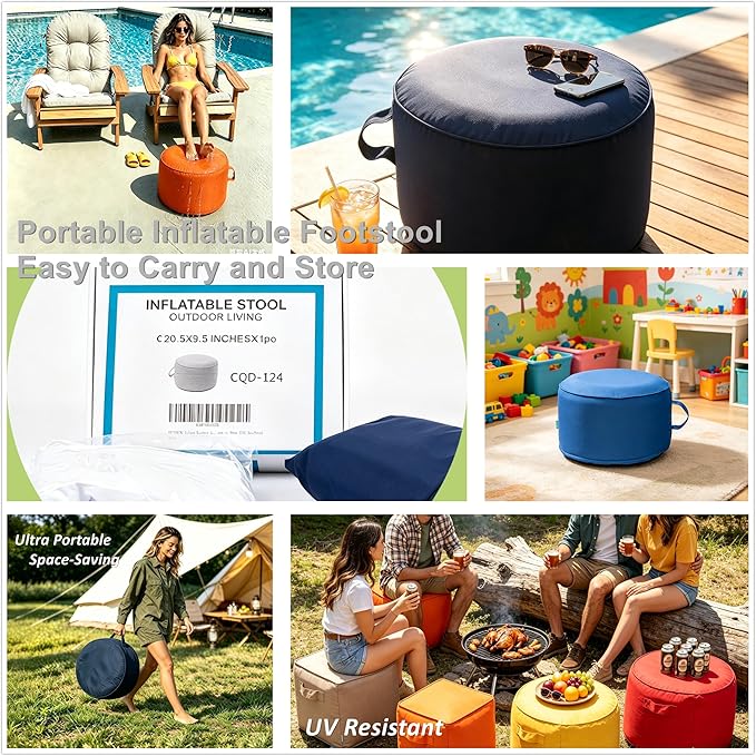 QILLOWAY Inflatable Outdoor Ottoman for Patio, Waterproof Round Pouf, Inflatable Foot Rest, Outdoor Footstool for Poolside, Garden，Camping,All Navy