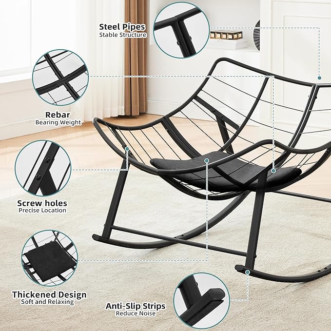 Oversized Rocking Chair Indoor, Papasan Rocking Chair Outdoor, Lounge Chair with Cushion, Patio Egg Rocker Chairs, Comfy Reading Chairs for Bedroom, Living Room, Garden, Lawn, Dark Grey